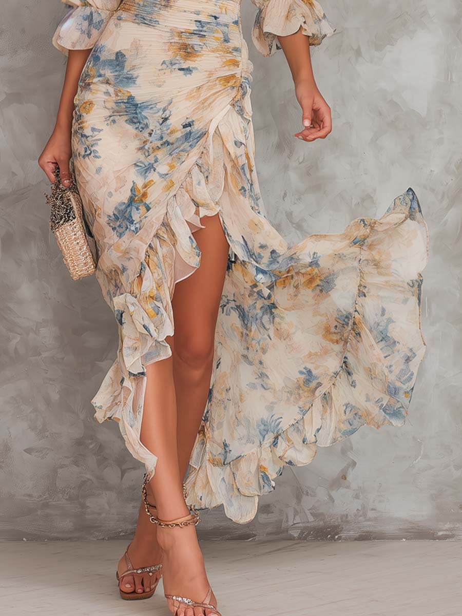 Aurelia | Watercolor Floral Ruffle Maxi Dress