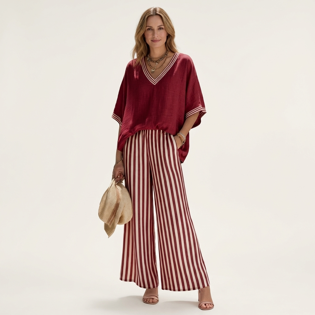 Juliana | V-Neck & Striped Wide-Leg Set