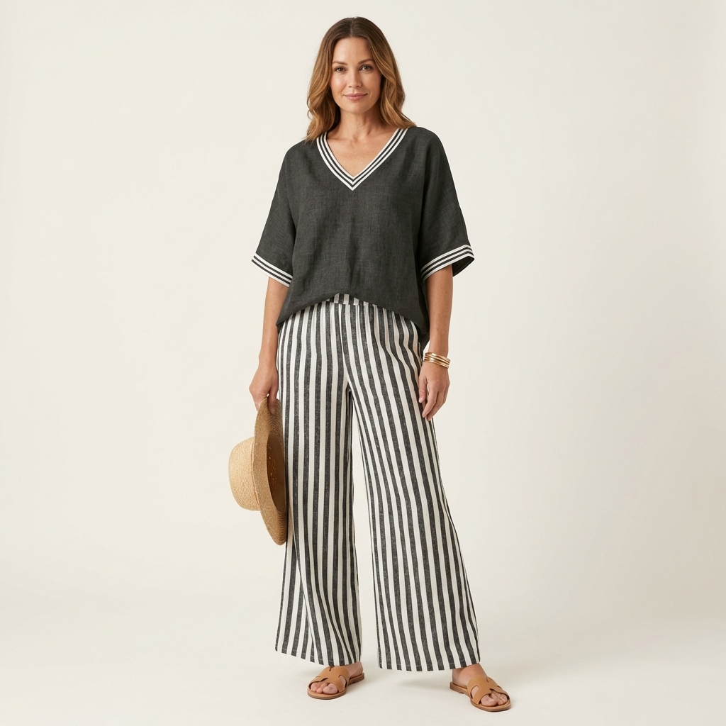 Juliana | V-Neck & Striped Wide-Leg Set
