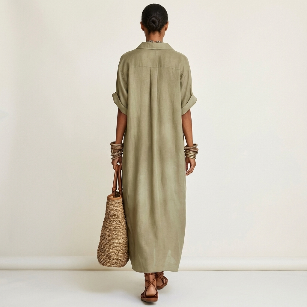 Kamira | Contrast-Collar Maxi Shirt Dress