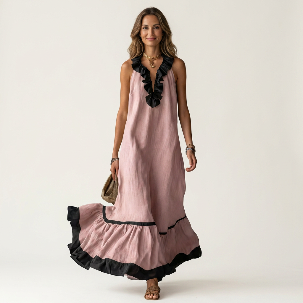 Mayline | Contrast-Ruffle Maxi Dress