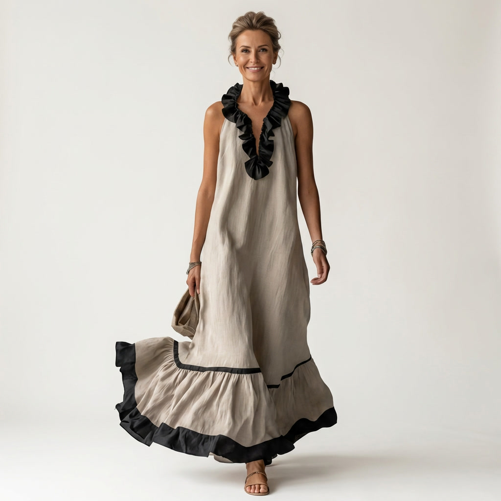 Mayline | Contrast-Ruffle Maxi Dress