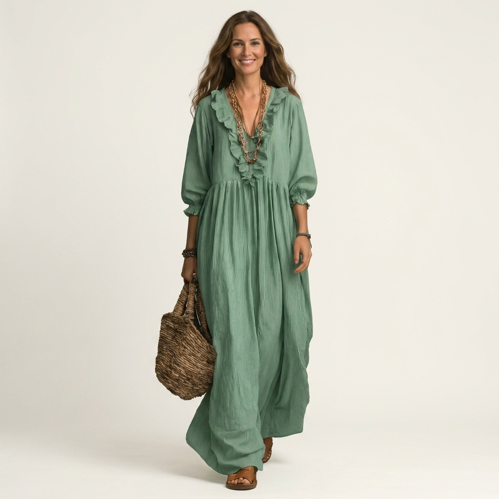 Yosetta | Ruffle V-Neck Maxi Dress