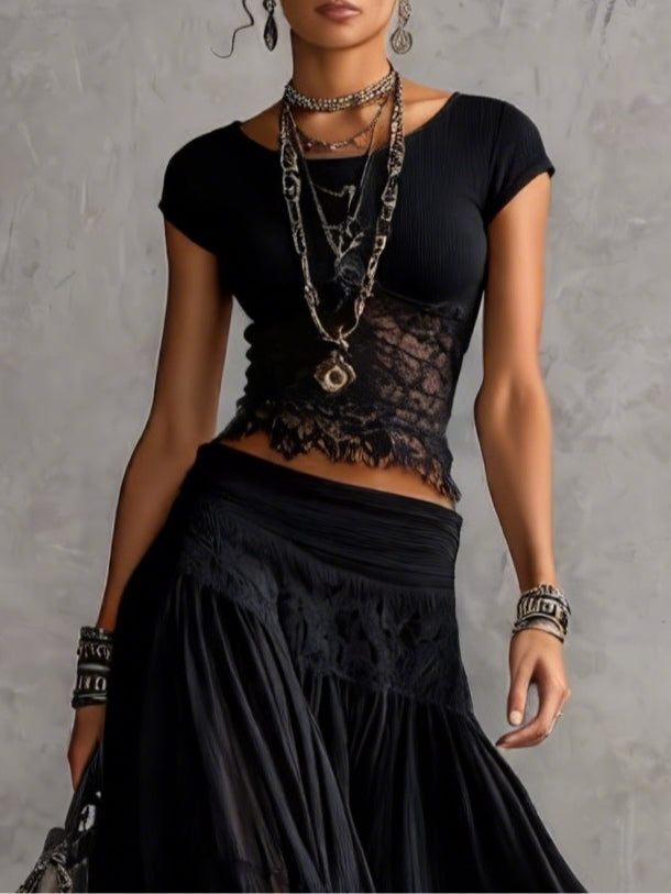 Nyra | Sheer Lace Top & Pleated Maxi Skirt Set