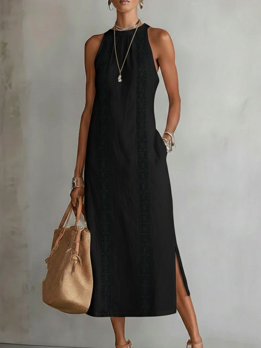 Jimena | Embroidered Mandarin-Collar Midi Dress